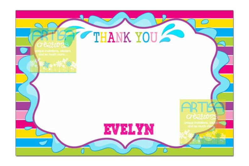 May include: A colorful thank you card with a blue water splash border. The card has a white space for a message and the name "Evelyn" at the bottom. The card has the text "ARTE creations unique invitations, stickers and so much more" on the top left and bottom right corners.