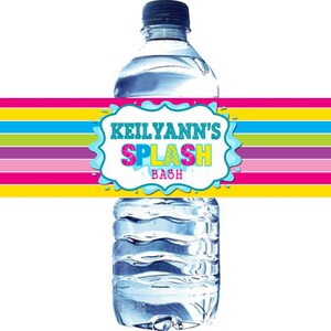 May include: Water bottle label with a colorful striped background and a blue and white splash design. The text on the label reads "Keilyann's Splash Bash".