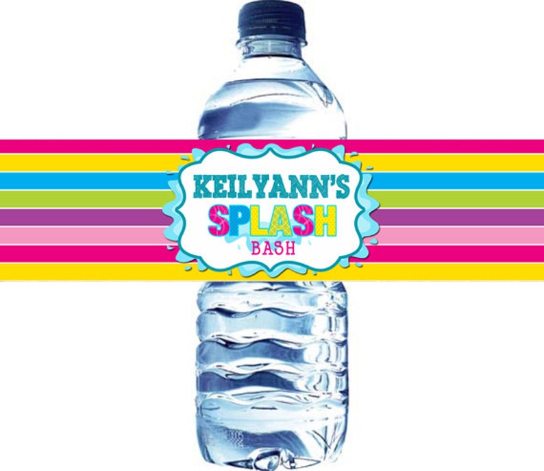 May include: Water bottle label with a colorful striped background and a blue and white splash design. The text on the label reads "Keilyann's Splash Bash".