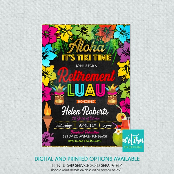 Invitación de jubilación de Tiki, Invitación de jubilación tropical, Invitaciones de jubilación de Aloha, Invitación de jubilación de Tiki Party, Invitación de jubilación