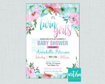 It's Twin Girls Invitation, Twin Girls Invitation, Twin Girls baby shower invitation, Twin Girls invitations, twin girls baby shower invite