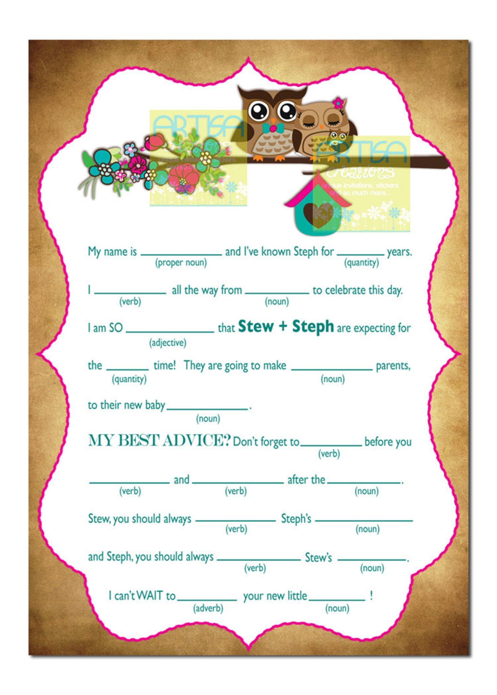 Owls Baby Shower Mad Lib Spring Owls and Flower Baby Shower | Etsy