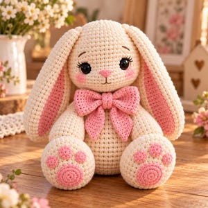 May include: A cream-colored crochet rabbit plush toy featuring long ears with pink inner accents, large black eyes, a pink stitched nose, and rosy cheeks. The rabbit wears a large pink bow at its neck and has pink paw pads on its feet.