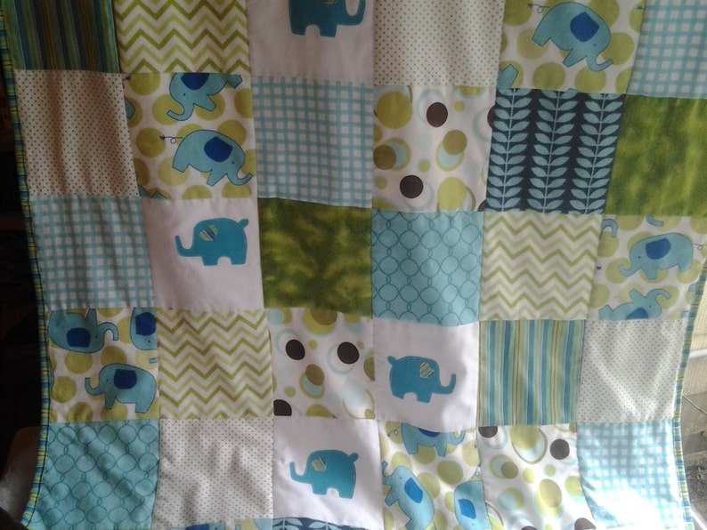Elephant Baby Quilt Elephant Nursey Bedding Turquoise and Green Crib Quilt Turquoise Elephant Nursery Quilt Elephant Minky Quilt