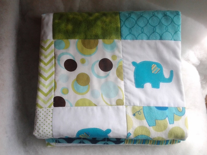 Elephant Baby Quilt Elephant Nursey Bedding Turquoise and Green Crib Quilt Turquoise Elephant Nursery Quilt Elephant Minky Quilt