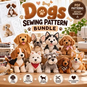May include: A sewing pattern bundle for various dog breeds featuring printed instructions and images of finished plush dogs. The collection includes a beagle, french bulldog, husky, poodle, westie, schnauzer, dachshund, and corgi.