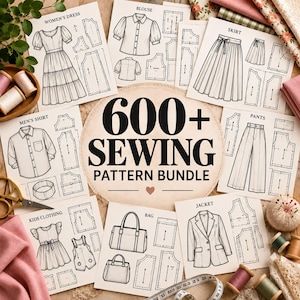 Puede incluir: Una colección de hojas de patrones de costura con ilustraciones de vestido, blusa, falda, camisa, pantalón, ropa infantil, bolso y chaqueta, con el texto 600+ SEWING PATTERN BUNDLE en un marco circular, rodeado de suministros de costura.