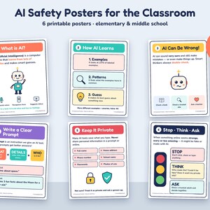 May include: A set of six educational posters titled AI Safety Posters for the Classroom. Each poster features colourful headers, numbered sections, and illustrations including a robot, lightbulb, magnifying glass, and traffic light to explain AI concepts.