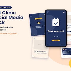 Pode incluir: Um pacote de modelos digitais para redes sociais de clínicas veterinárias com 180 designs editáveis para Canva, PowerPoint e Google Slides. O conjunto inclui 100 publicações, 50 stories e 30 capas de reels em tons de azul escuro e creme.