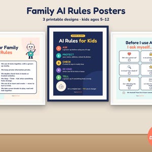 Family AI Rules Poster Set, Printable Kids Technology Rules, Screen Time & Online Safety Wall Art, Homeschool Digital Download