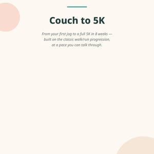 May include: A digital graphic with a cream background featuring the text JUST START JOURNEY in orange, a teal horizontal line, and the bold text Couch to 5K in dark gray. Below, text reads From your first jog to a full 5K in 8 weeks.