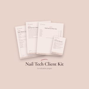 May include: A set of four light beige printed documents titled Nail Client Consultation, Nail Service Consent, Nail Service Price List, and Gel Nail Aftercare, with the text Nail Tech Client Kit 14 editable pages displayed below the papers.