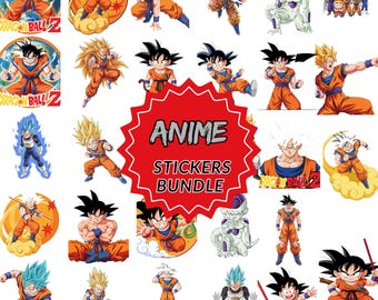 Puede incluir: Una colección de pegatinas de anime Dragon Ball Z con varios personajes en uniformes de artes marciales naranjas, incluyendo a Goku en diferentes formas, Frieza y otros. Una forma de estrella roja central muestra el texto ANIME STICKERS BUNDLE.
