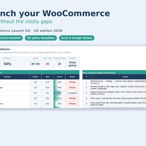 May include: A digital WooCommerce Launch Kit UK edition 2026 dashboard showing a 54% overall readiness score. The interface displays a 77-point scored checklist, UK policy templates, and Excel and Google Sheets integration for store setup.