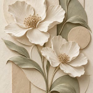 Può includere: Un'opera d'arte murale testurizzata che raffigura due grandi fiori scolpiti color bianco sporco con stami prominenti. La composizione include forme geometriche stratificate in tonalità beige e verde salvia.