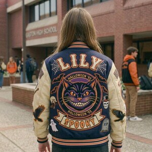 Giacca stile college personalizzata per Halloween / Giacca da lettere spettrale, Bomber blu navy e crema con motivo a zucche