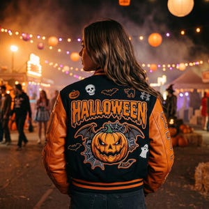 Halloween Varsity Jacket, Embroidered Pumpkin Patches, Autumn Punk Streetwear