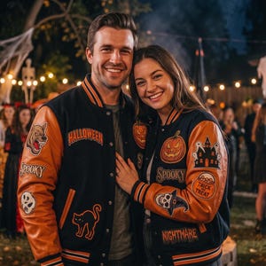 Halloween Varsity Jacket, Embroidered Patches, Spooky Bomber, Autumn Streetwear