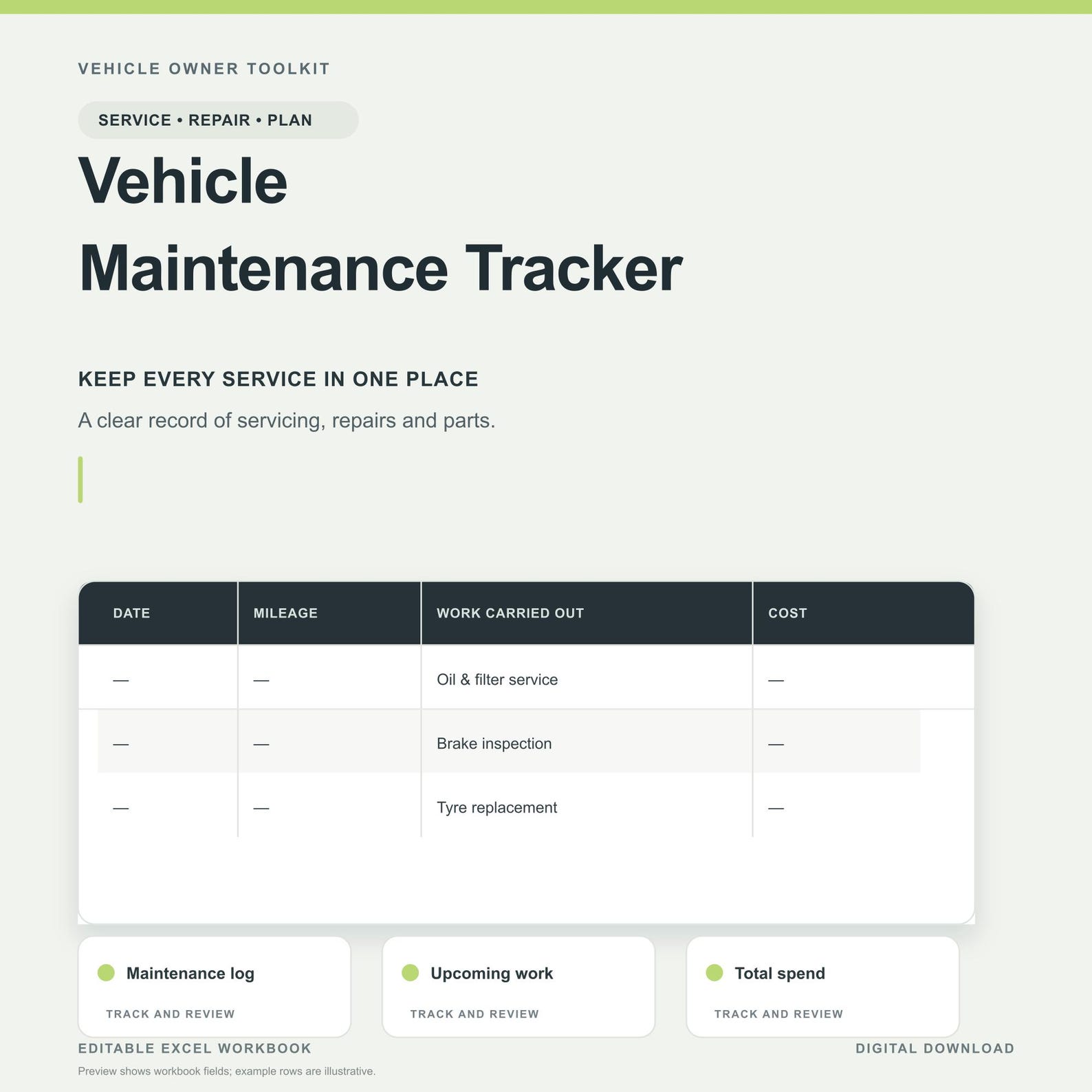 Vehicle Maintenance Tracker Spreadsheet – Car Service & Repair Log - Etsy