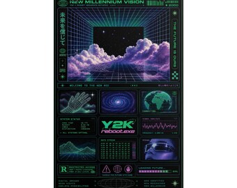Affiche de science-fiction vaporwave Y2K - Affiche roulée - Rétro-futurisme, Grille néon, Nuages