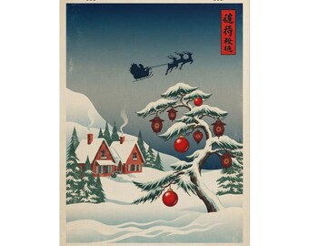Affiche roulée vintage japonaise représentant une scène d'hiver | Impression d'art mural de Noël traditionnelle