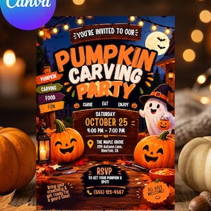 May include: A Halloween pumpkin carving party invitation flyer featuring orange text that reads Pumpkin Carving Party, Saturday October 25, 4:00 PM - 7:00 PM, The Maple Grove 234 Autumn Lane, Riverton, CA, and RSVP (555) 123-4567 with a ghost and jack-o'-lanterns.