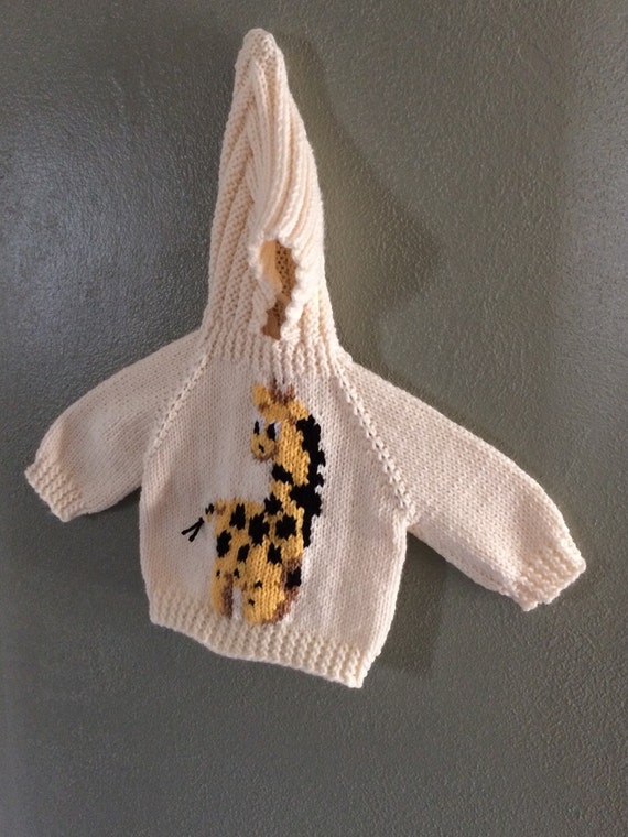 Hand knitted Babys/ infants childs knitted hooded sweater Zip down the  back baby sweater with giraffe on cream