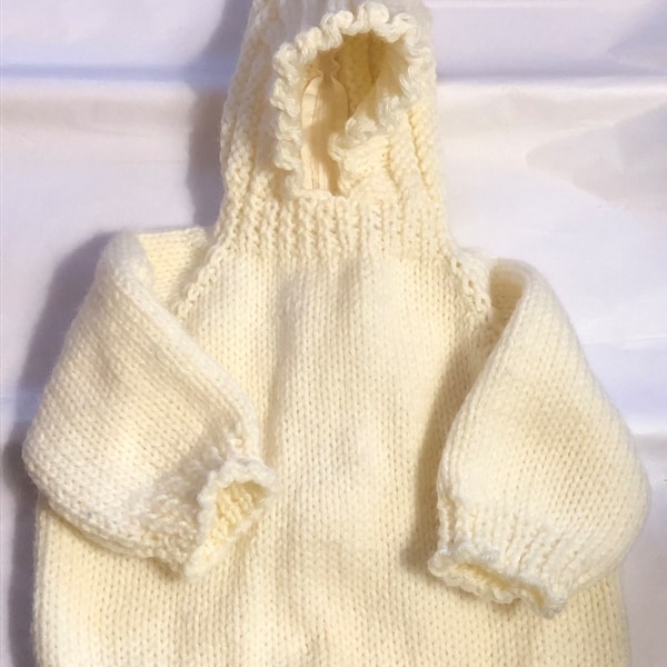 Hand knitted babys zipper down the back sweater in cream/natural color