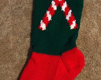 Hand knitted Christmas stocking candy canes