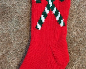 Hand knitted Christmas stocking candy canes