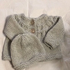 Hand knitted babys button front cardigan 2 piece sweater set light gray