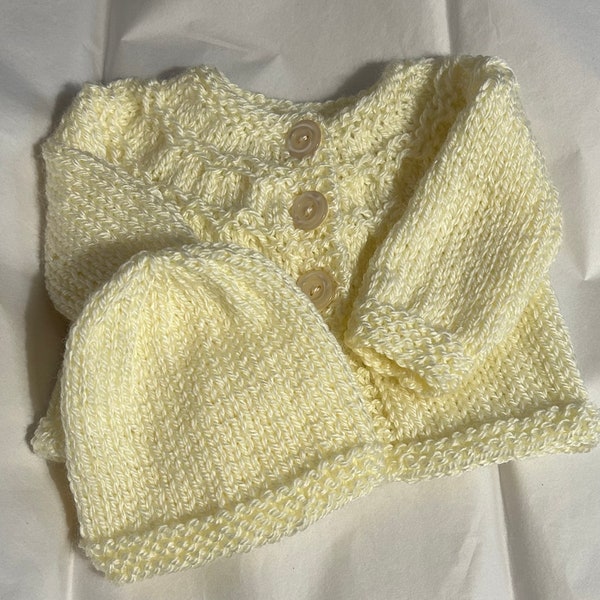 Hand knitted babys button front cardigan 2 piece sweater set cream