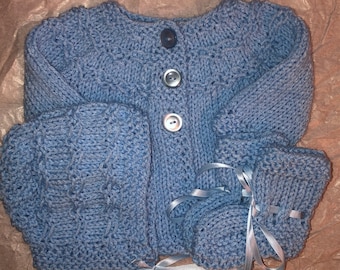 Hand knitted 3 piece baby cardigan sweater set blue