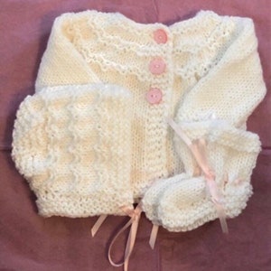 Hand knitted babys button front cardigan 3 piece sweater set white