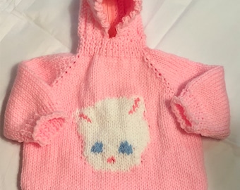 Hand knitted Baby/ infant - childs   knitted sweater hooded zipper down the back sweater with kitty face.