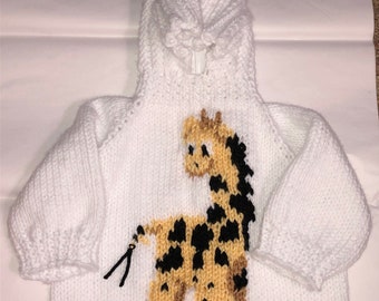 Hand knitted Babys/ infants knitted  hooded sweater Zipper down the back sweater for babys with giraffe on white