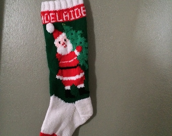 Personalized hand knitted christmas stocking Santa with tree
