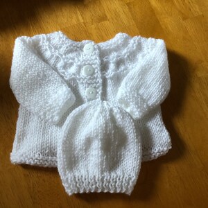 Hand knitted babys 2 piece cardigan button front sweater set white