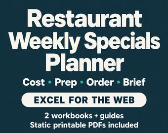 Planificador de especiales semanales para restaurantes / Libro de cálculo web de Excel para el costo de los alimentos y archivos PDF de preparación