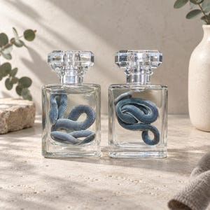 Flacone di profumo con esemplare di serpente blu, vero serpente conservato in mostra, oggetto decorativo gotico e curioso, regalo unico per collezionisti.