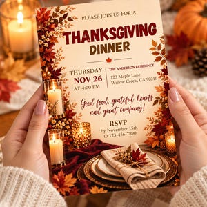 Thanksgiving Dinner Invitation Template, Friendsgiving Party Invite, Editable Canva Let's Give Thanks, Fall Harvest Printable Download