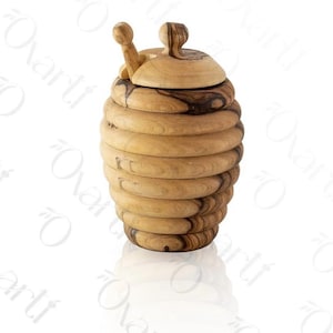 Olive wood honey pot with spoon – Handmade honey jar in beehive shape, natural wood, unique piece, with lid
