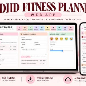 May include: A digital ADHD fitness planner web app displayed on a laptop and smartphone screen. The interface features pastel-colored tabs for meal, workout, mood, sleep, and energy tracking. Text includes "ADHD FITNESS PLANNER" and "THE GLOW ROUTINE".