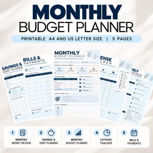 Könnte beinhalten: Ein monatlicher Budgetplaner-Satz mit fünf druckbaren Seiten im A4- und US-Letter-Format. Die Dokumente enthalten Abschnitte für Ersparnisse, Schulden, Rechnungen, Zahlungen, Ausgabenverfolgung und monatliche Überprüfungen in Blau und Weiß.