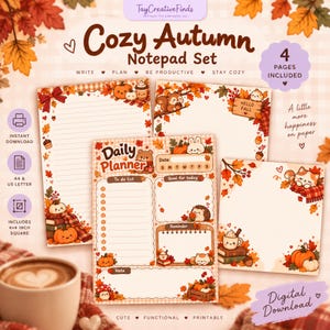 Puede incluir: Un conjunto de blocs de notas Cozy Autumn con cuatro páginas imprimibles que incluyen ilustraciones otoñales de calabazas, animales del bosque y hojas de otoño. El set incluye un planificador diario, papel rayado y hojas de notas con texto.