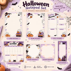 May include: A Halloween notepad set featuring seven printable pages including a lined notepad, blank notepad, daily planner, October monthly calendar, two square notepads, and a slim notepad, all decorated with ghosts, pumpkins, and bats.