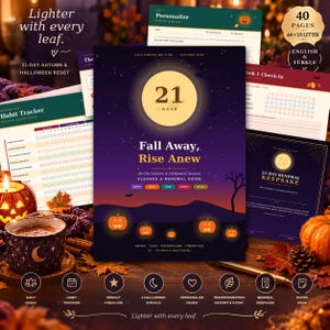 Op de afbeelding: Een 21-daagse herfst- en Halloween-resetgids met een donkerpaarse omslag, een grote gele maan, pompoenillustraties en de tekst Fall Away, Rise Anew. Bevat 40 pagina's in A4 en US Letter-formaat, gewoonte-trackers en een aandenken.