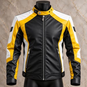 Motorradjacke für Herren aus schwarzem, gelbem und weißem Leder, Color-Blocking-Biker-Rennjacke