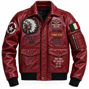 Męska bordowa skórzana kurtka typu bomber z naszywkami z szenili, zabytkowa wojskowa kurtka typu biker w stylu lotniczym