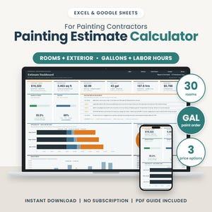 Pode incluir: Um calculador digital de orçamentos de pintura para Excel e Google Sheets exibido numa tela de portátil e smartphone. A interface mostra um painel de controle com dados para divisões, exterior, galões e horas de trabalho, incluindo gráficos.